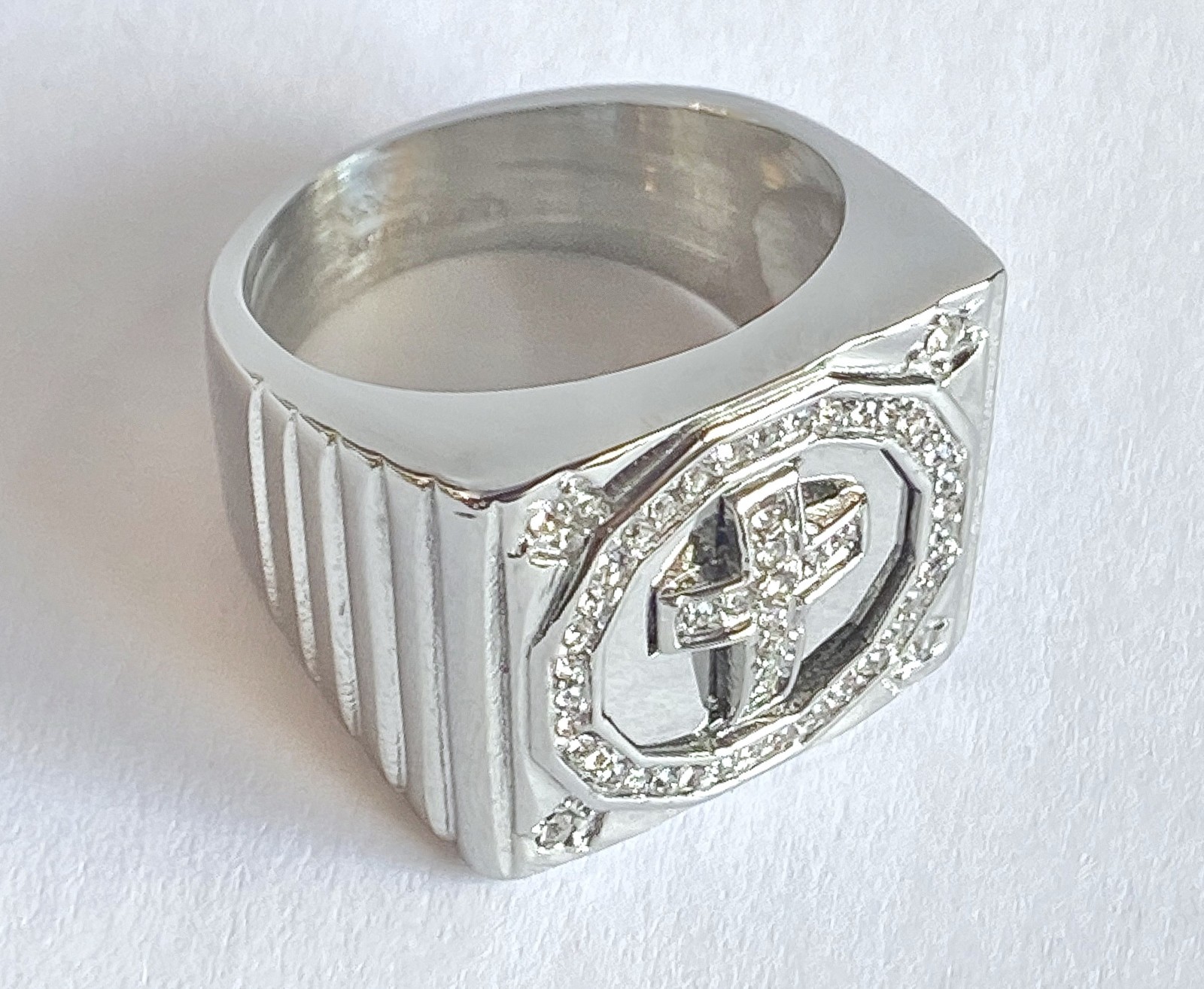 CZ Paved Cross Center Square Face Hand Polished Stainless Steel Mens Ring