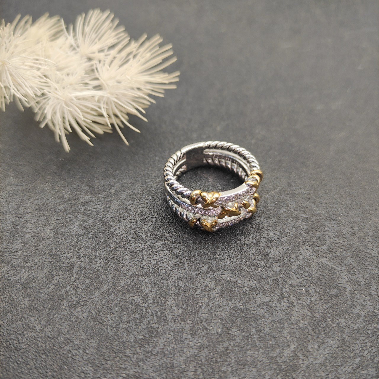 David Yurman Twisted Wrap Band 925 Silver 18K Gold Three Row Pave Diamond Ring 8
