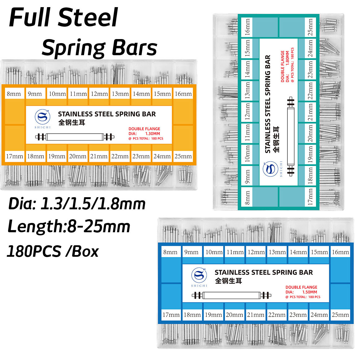 Set of 180PCS 8mm to 25mm Full Steel Watch Strap Spring Bars D1.3mm 1.5mm 1.8mm