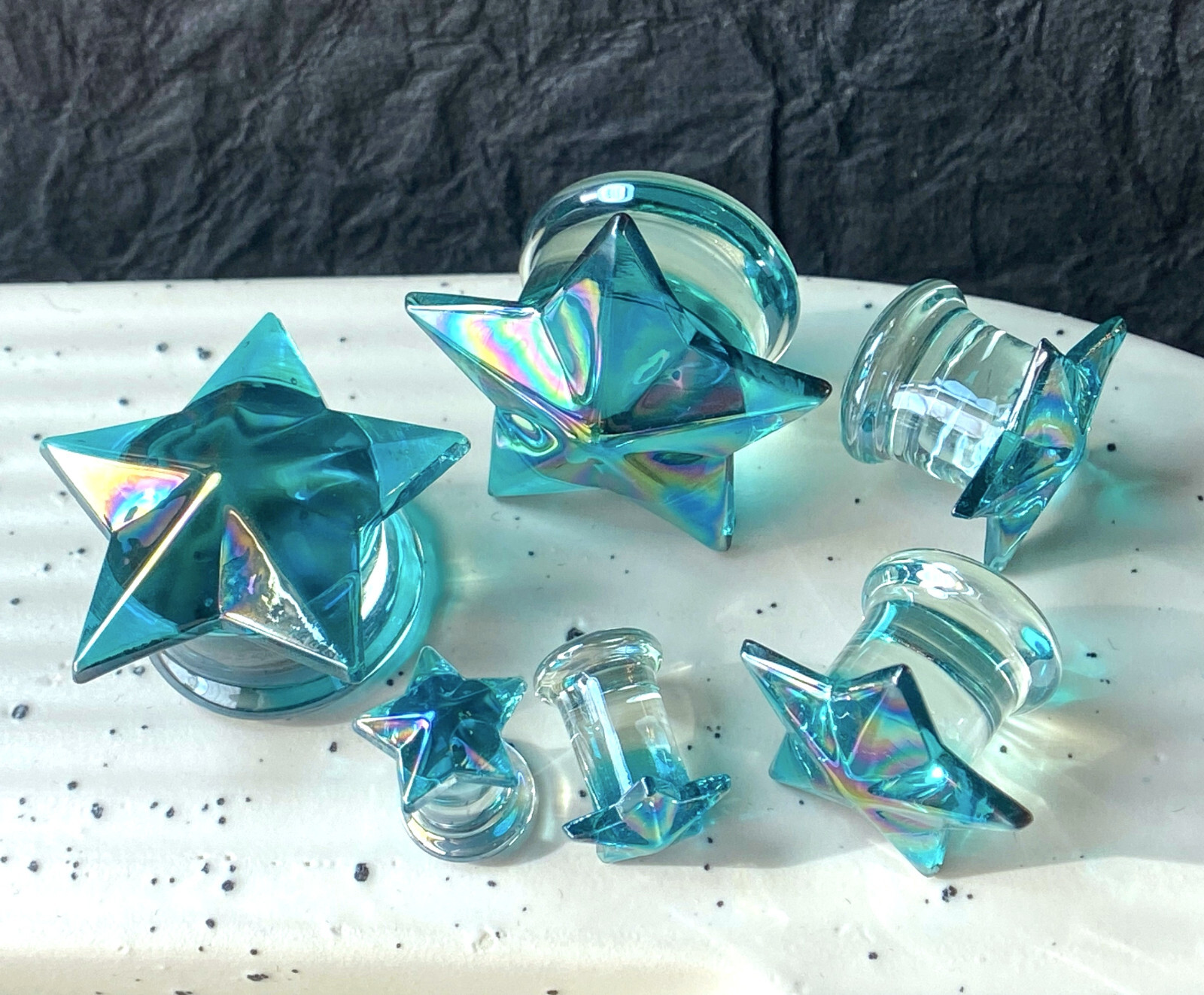 PAIR Glass Plugs Aqua Star Double Flare Gauges Tunnels Piercing Body Jewelry