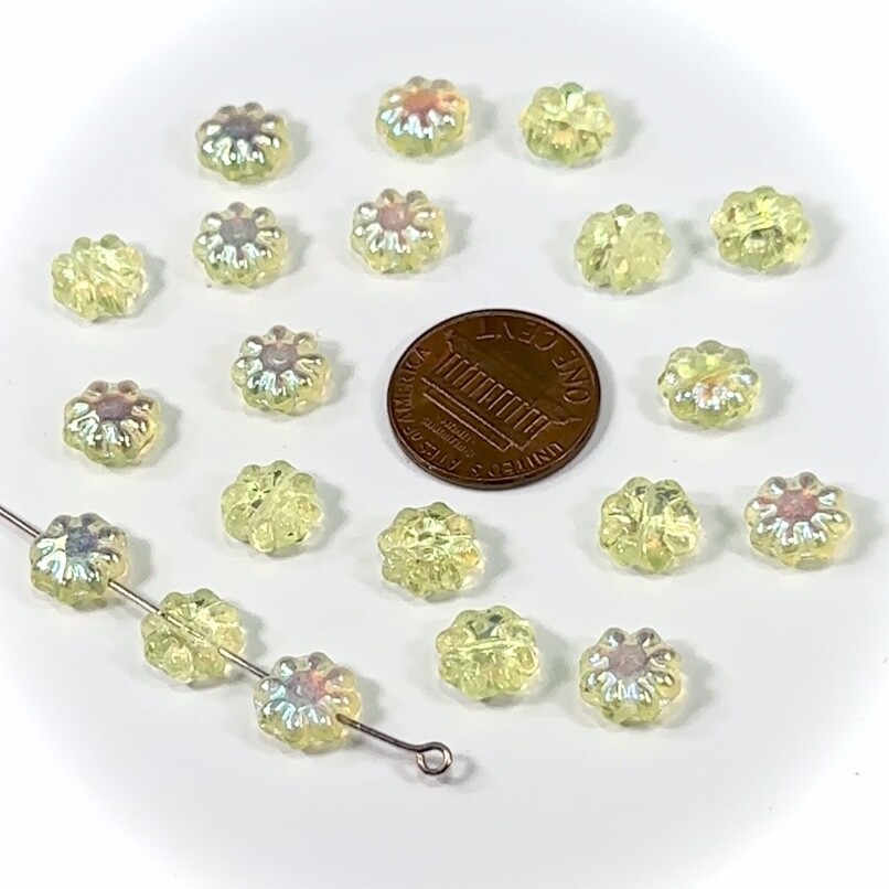 Czech Pressed Druk Glass Beads Flower with Center Hole 9mm Jonquil Yellow AB 20p