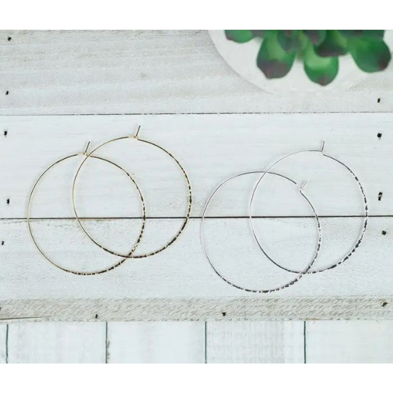 Hammered Thin Wire Hoops Silvertone