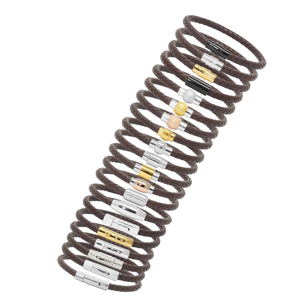 Unisex Men’s Genuine Leather Stainless Steel Magnetic Clasp Bracelet Brown