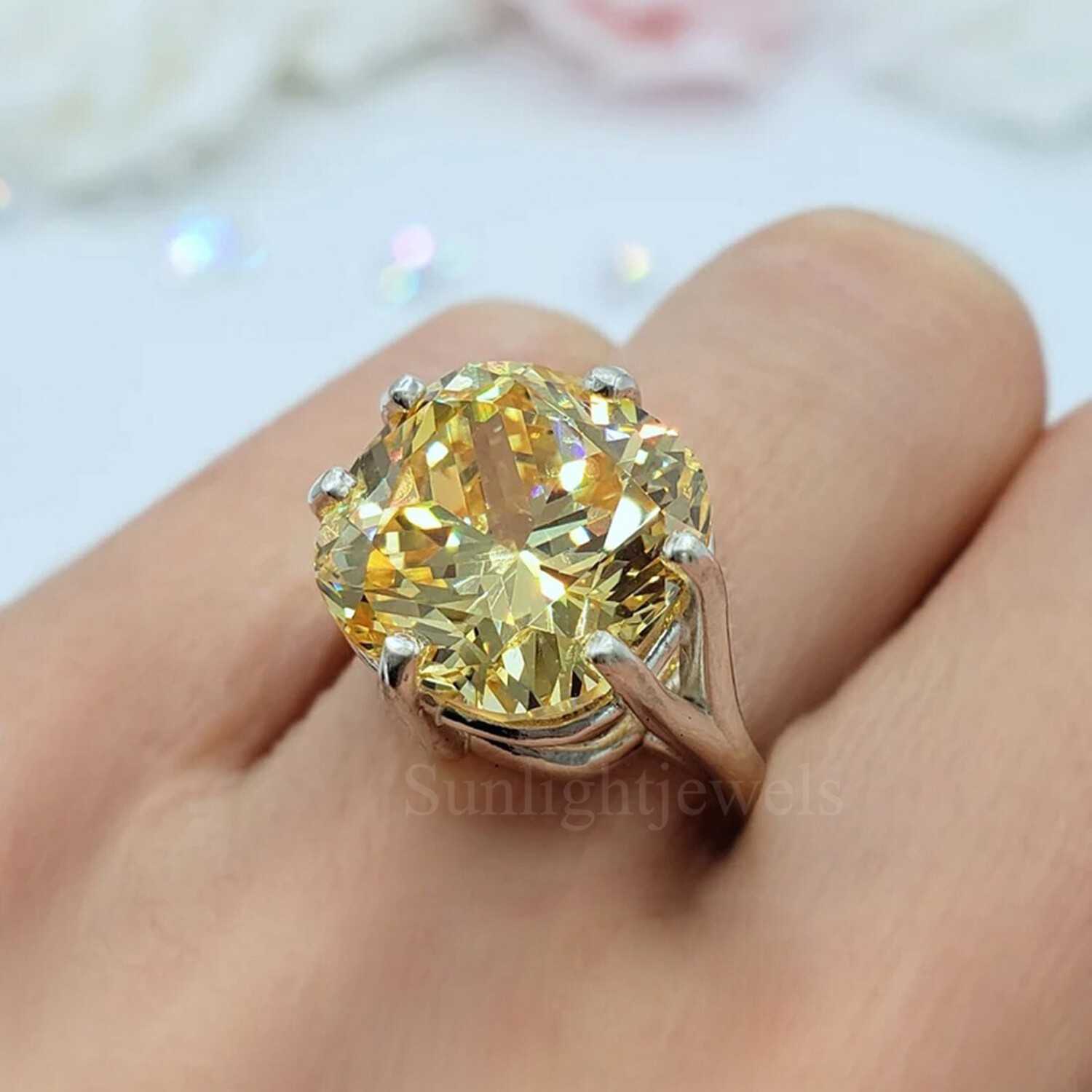 Anniversary Gift 12.8 Ct Champagne Cushion Cut Lab Grown Anniversary Ring 925
