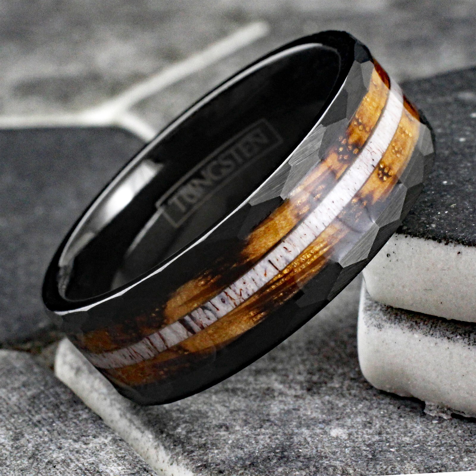 Black Tungsten Carbide Mens Ring Deer Antler Charred Whiskey Barrel Wedding Band