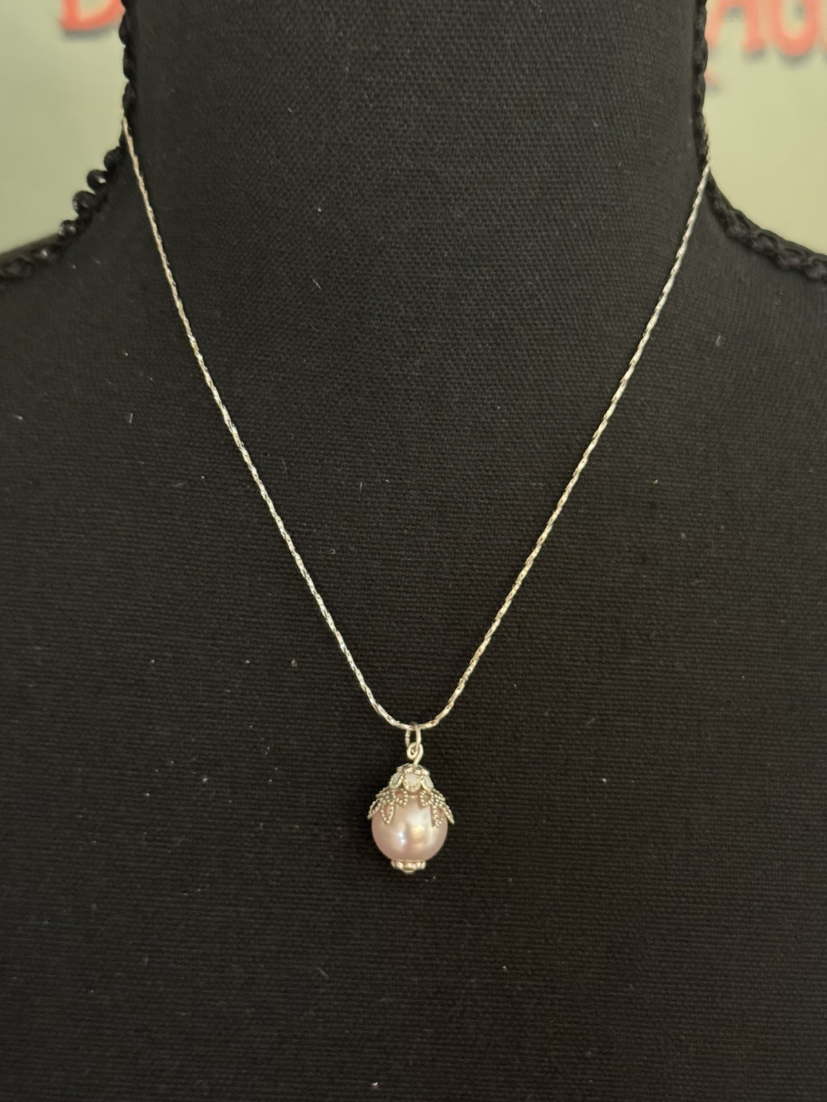 Vintage Pink South Seas Pink Pearl & Sterling Pendant 18kWGP Chain Necklace