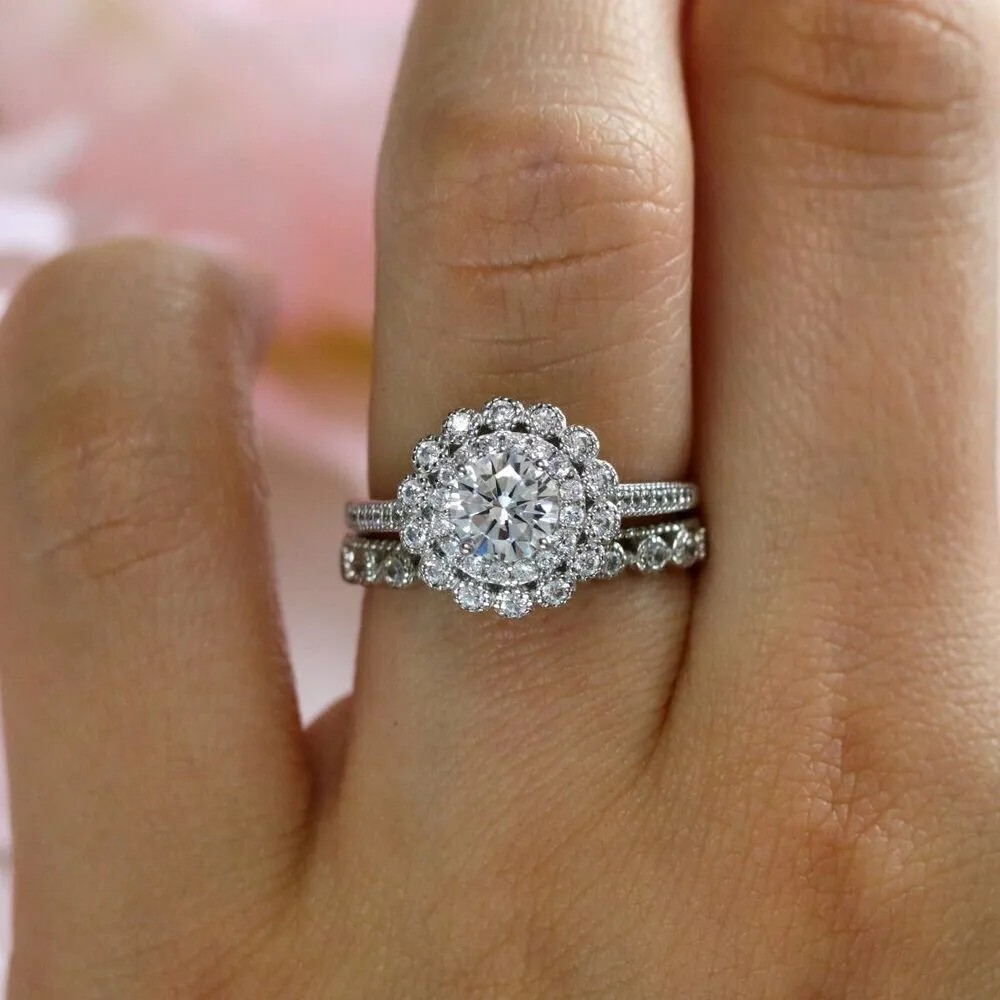 14K White Gold Finish 2.5 Ctw Round Cut Created Diamond Bridal Wedding Ring Set