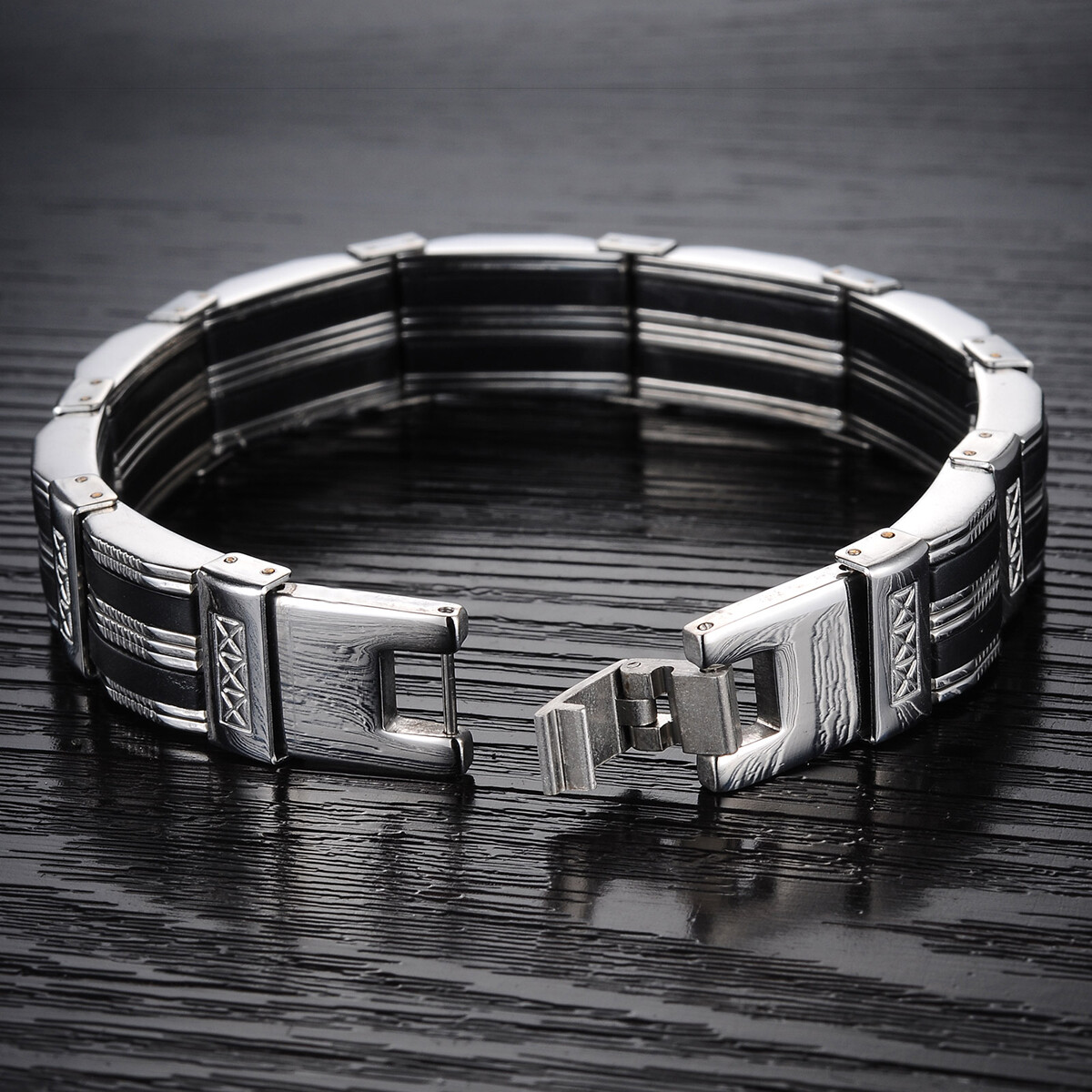 Men’s Black Silver Tone Silicone Rubber Stainless Steel Bracelet Chain Wristband