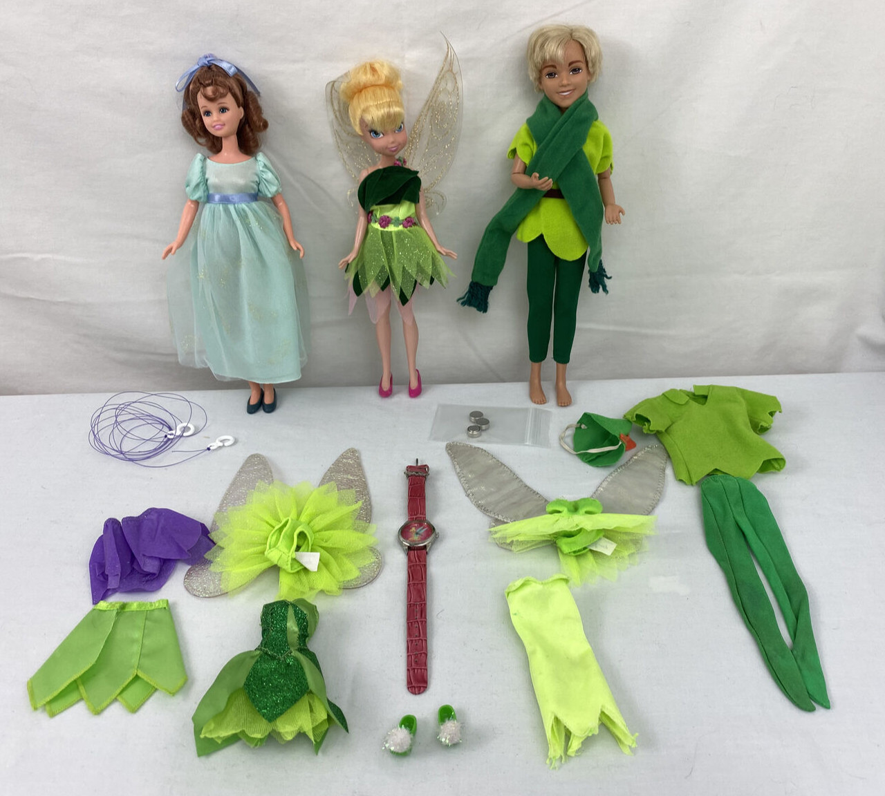Disney Peter Pan Lot 3 Dolls + Tinker Bell Watch + 8 Outfits + Accessories