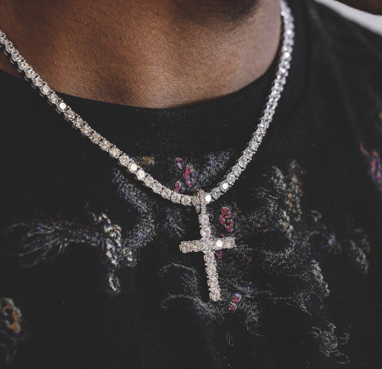 14k Gold Plated Tennis Chain Cross Pendant CZ Choker Necklace ICED Jewelry 4MM
