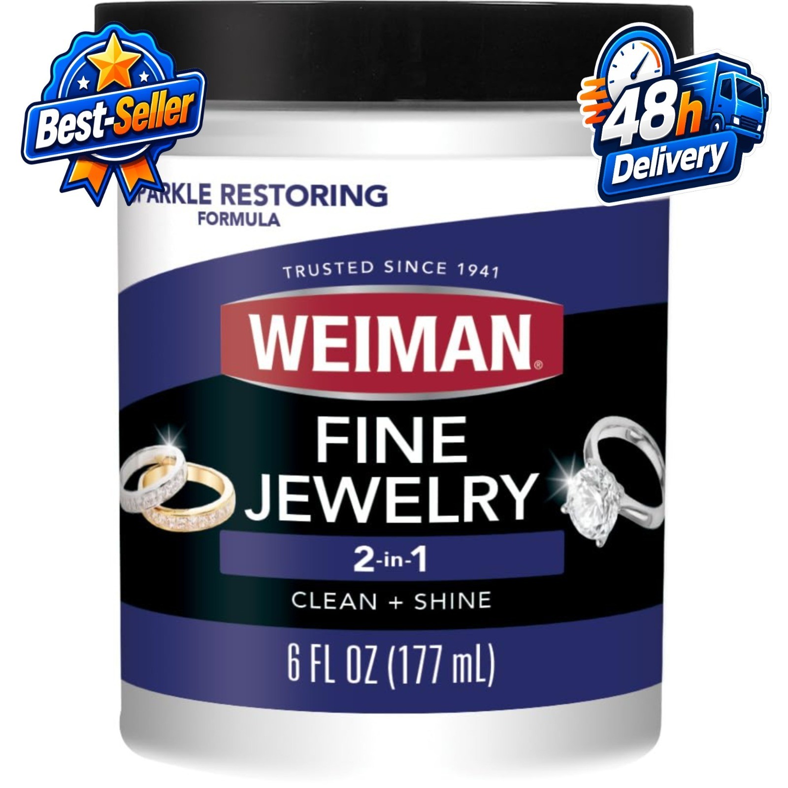 Weiman Fine Jewelry Cleaner Liquid with Brush – 6 Oz for Gold & Gemstones
