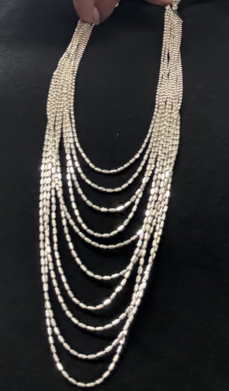 Milor Italy Sterling Silver 10 Strand Barrel-Beaded Cascading Necklace 24”Long