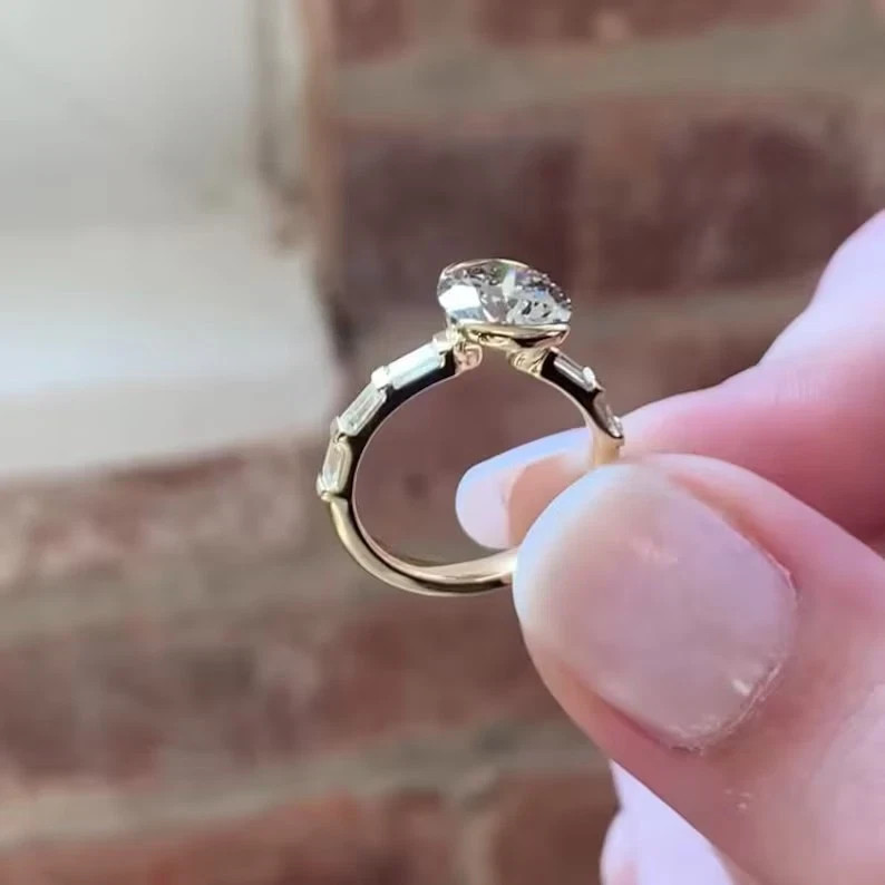 2 CT Round-Cut Real Moissanite Half Bezel Engagement Ring 14K Yellow Gold Plated