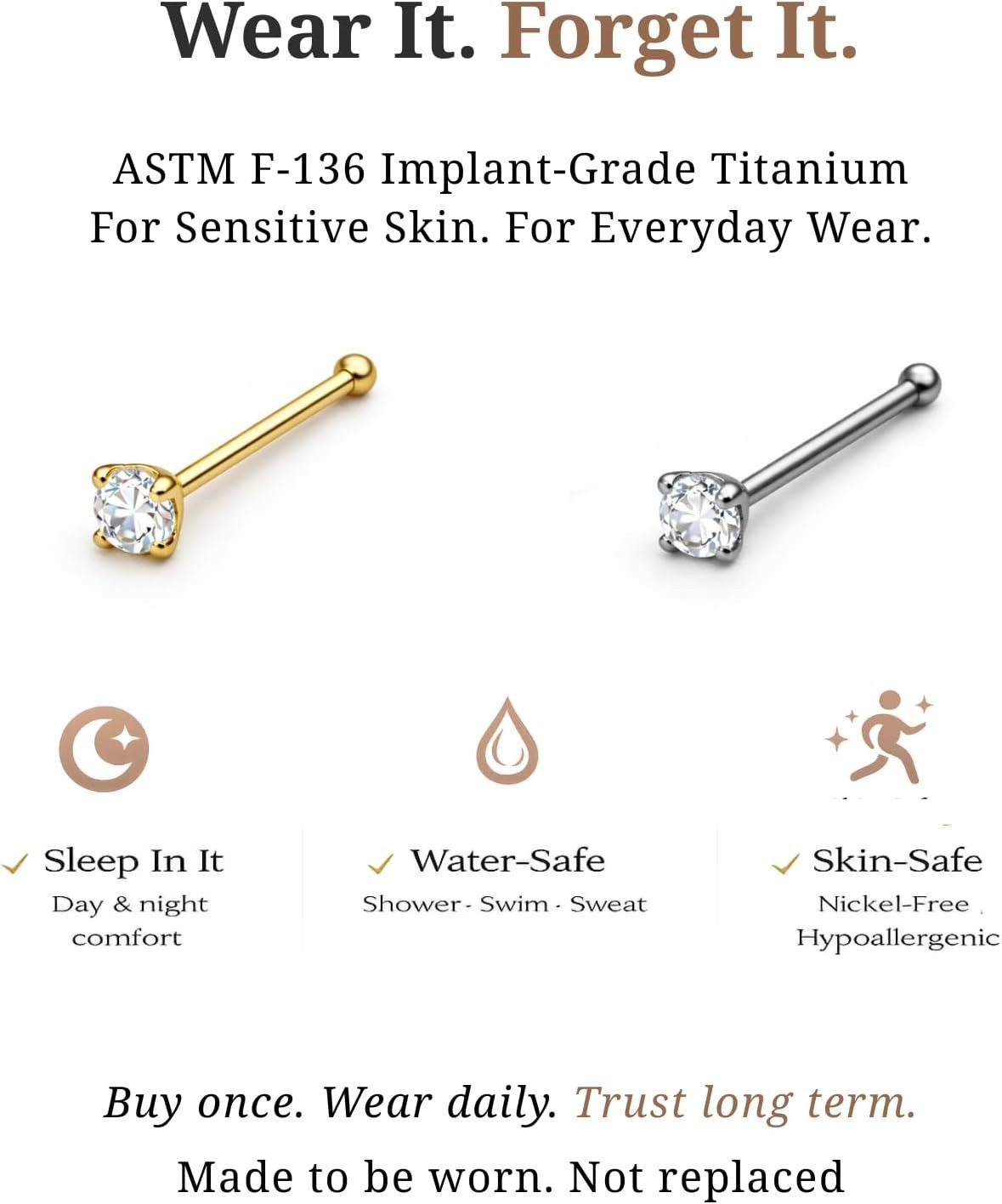 Implant Grade Titanium Nose Bone Stud 20G 0.8mm with CZ – ASTM F-136 G23, 1.5…
