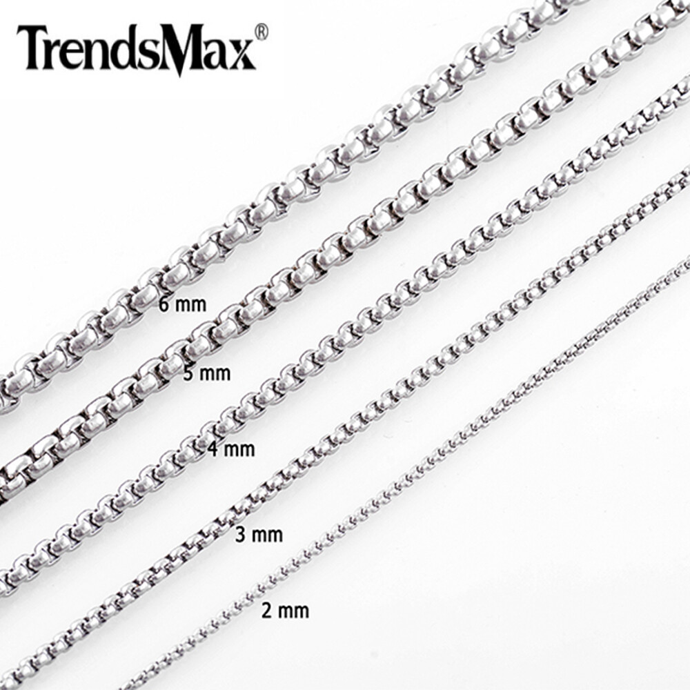 2-5mm Silver Tone Stainless Steel Round Box Link Necklace Choker Men Women Chain