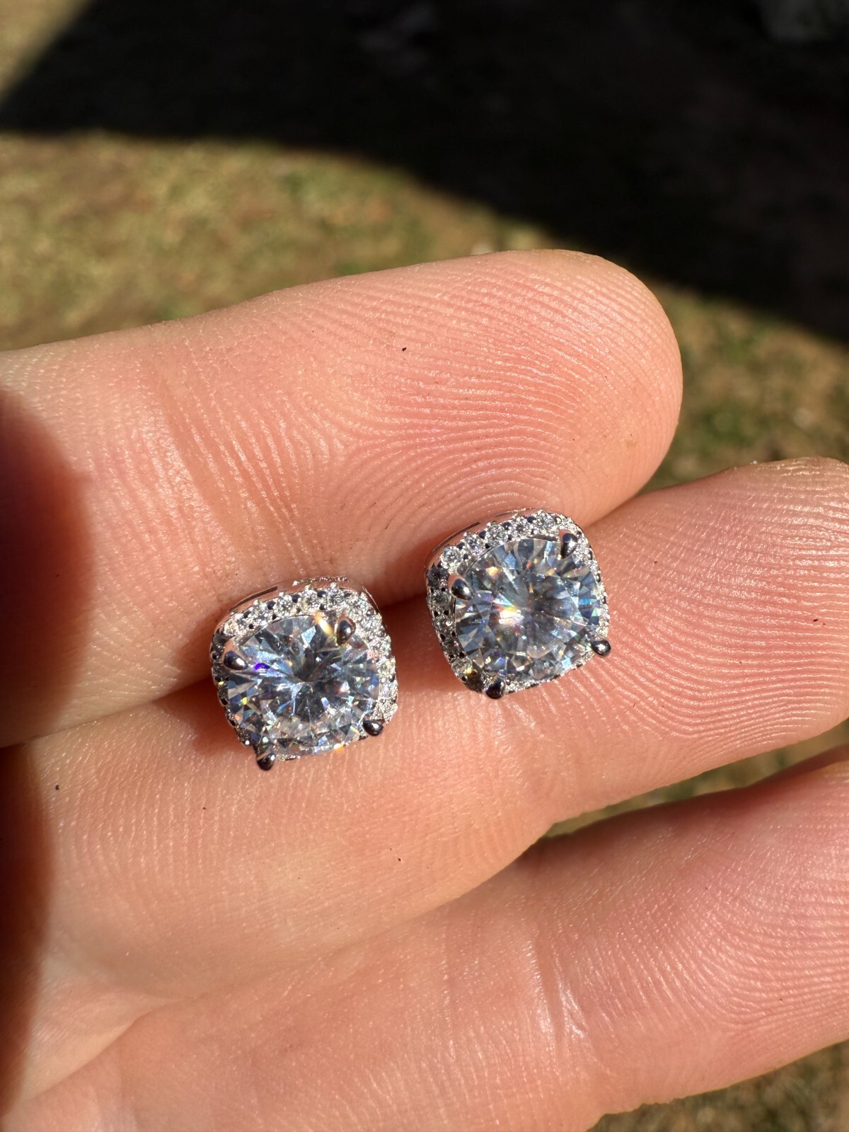 Real Moissanite Square Halo Stud Earrings 925 Silver Hip Hop Mens Ladies Iced