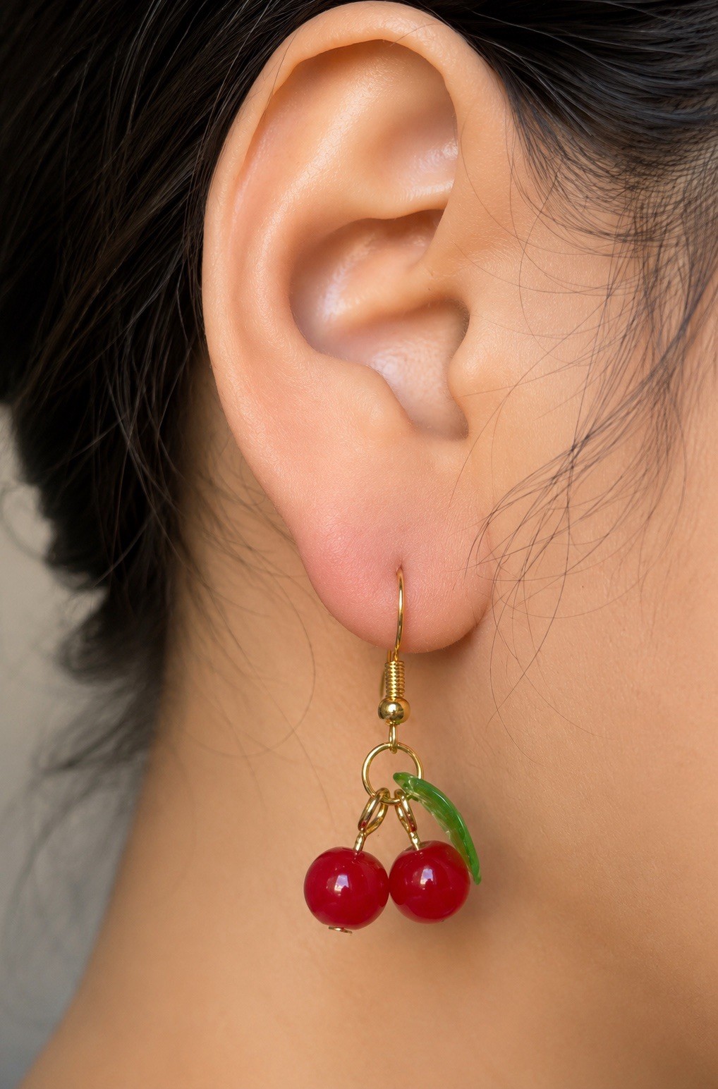 Gold Tone Hook Dangle Drop Earrings Red Cherry Beads Green Leaf No Stone