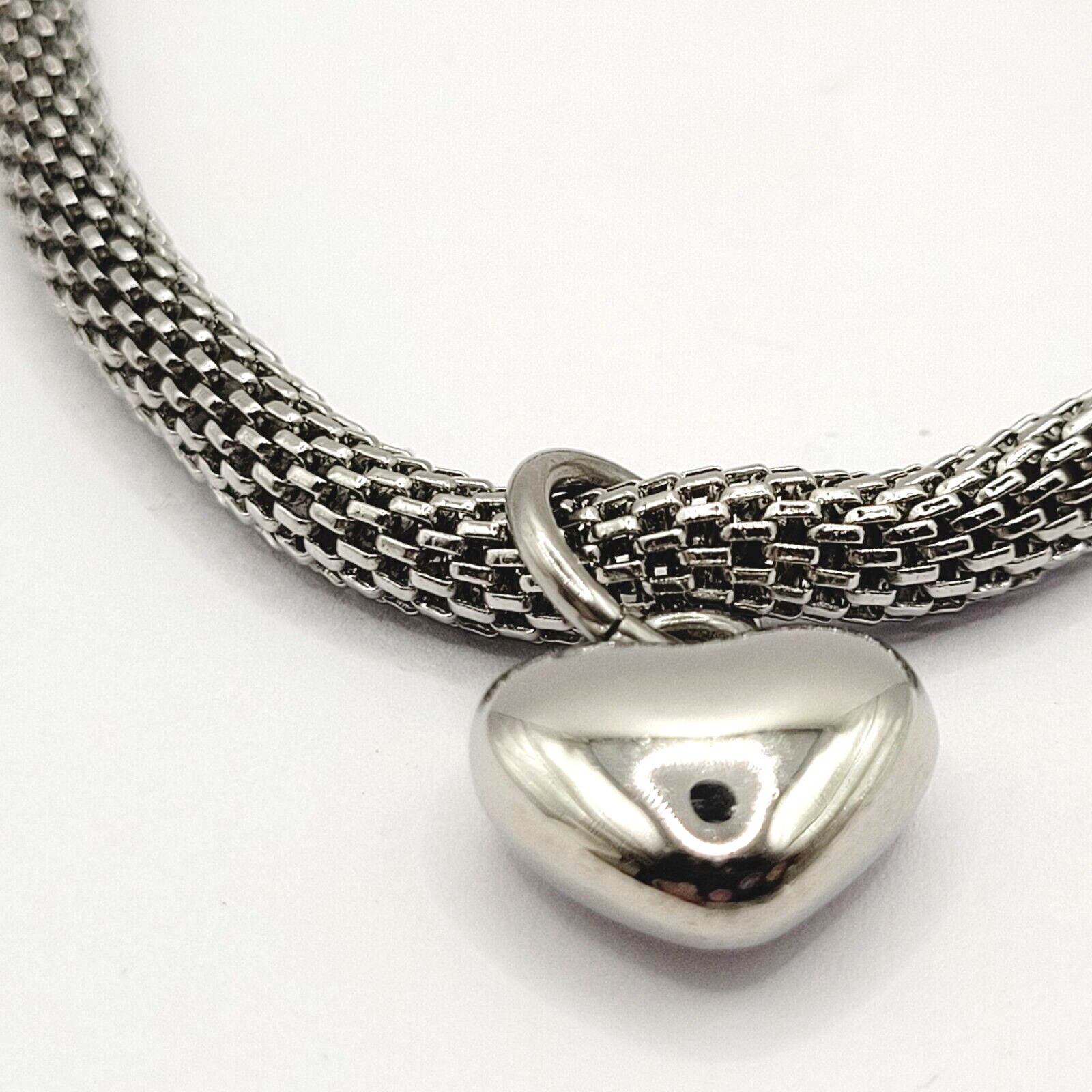 Puffy Heart Polished Charm Dangle on Silver Tone Stainless Mesh Bracelet 7 Inch