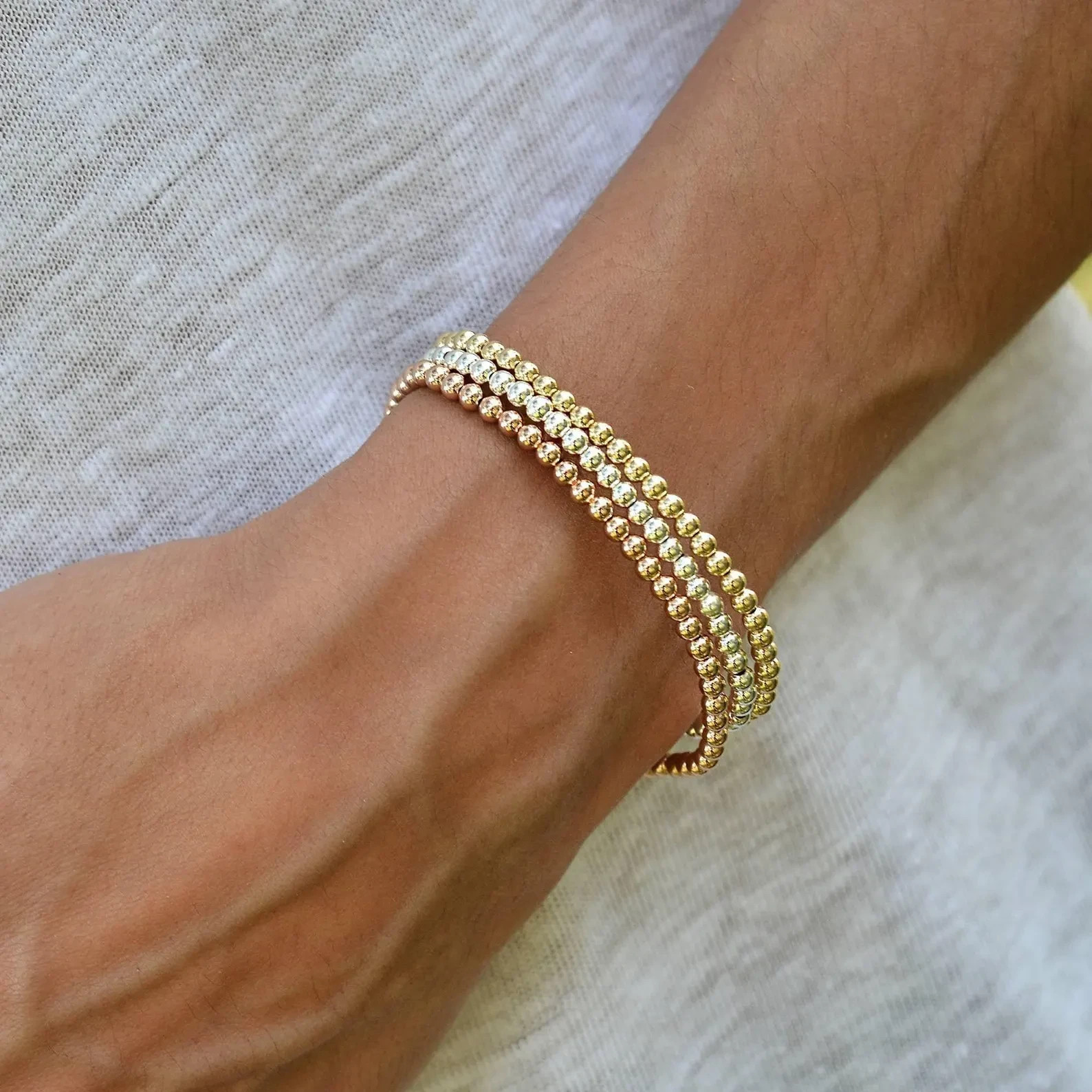 2PCS Vintage Dainty 2-3mm Gold Filled Beaded Layering Bracelet Stretch Jewelry