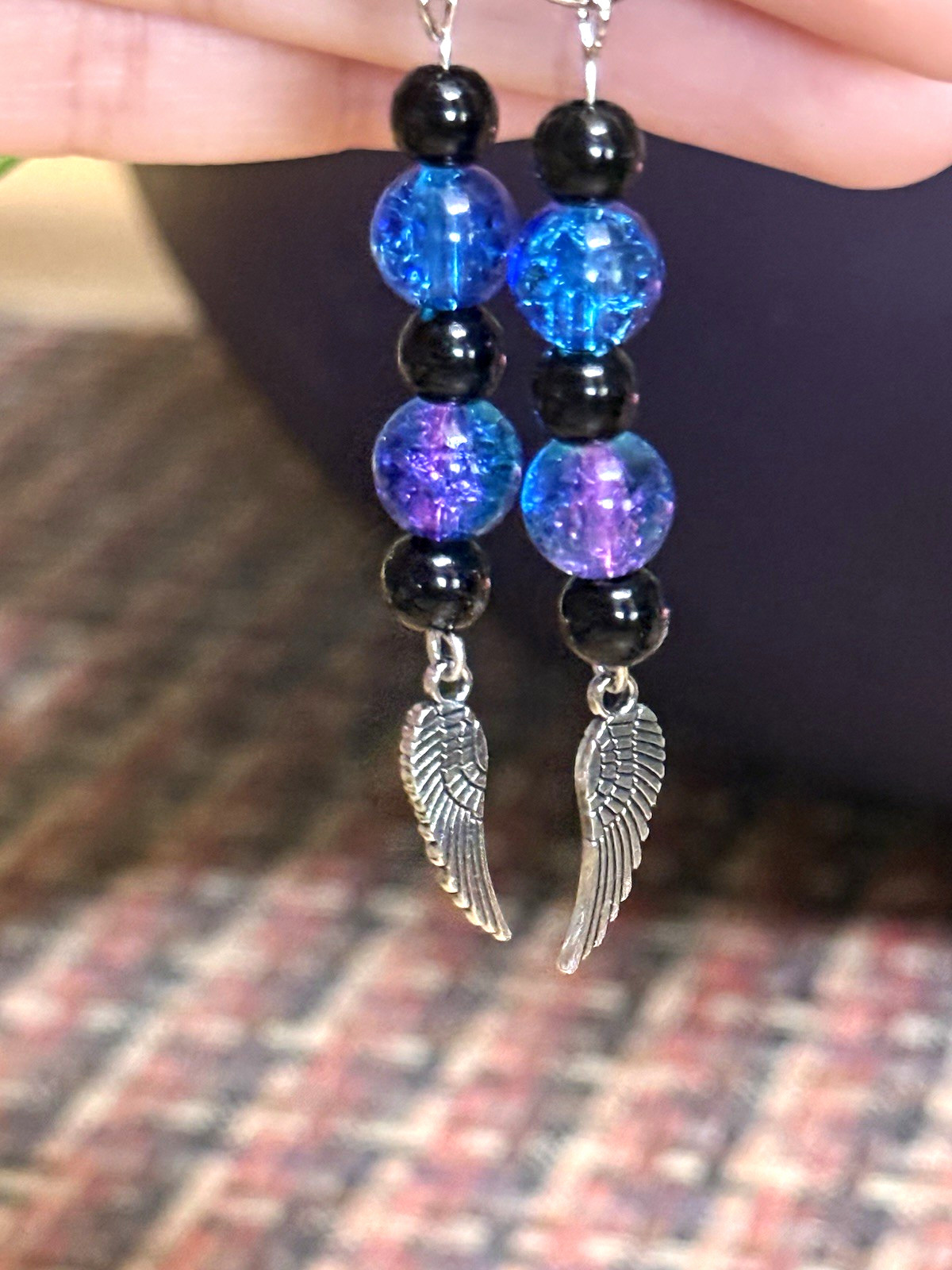 2 Blue Black Silver Tone Beaded Dangle/Drop Hook Earrings Angel Wing Phone Charm