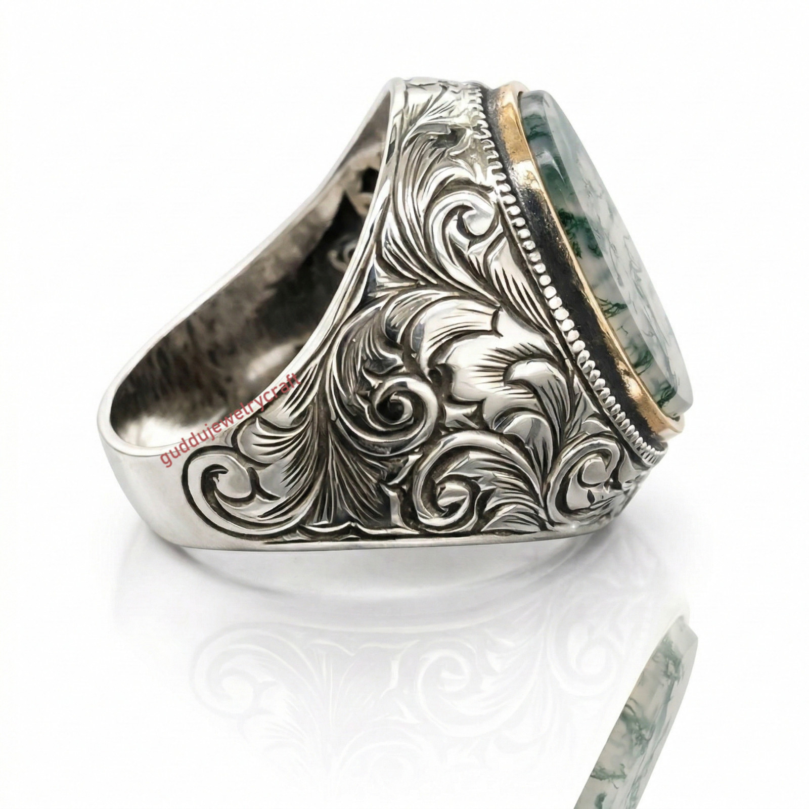 925 Sterling Silver Moss Agate Ring Hand Engraved Oval Gemstone Men’s Statement