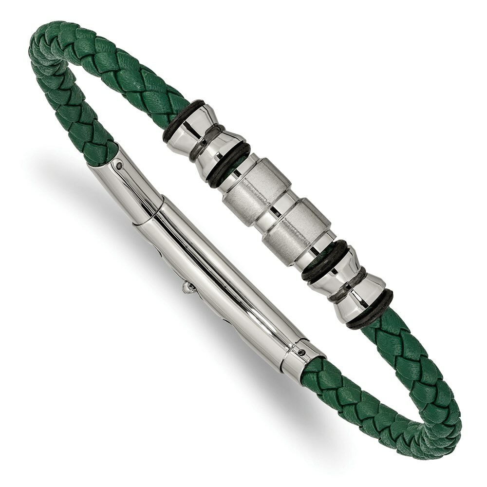 Stainless Steel Brushed & Polished Black IP/Rubber Green Leather Adj. Brace