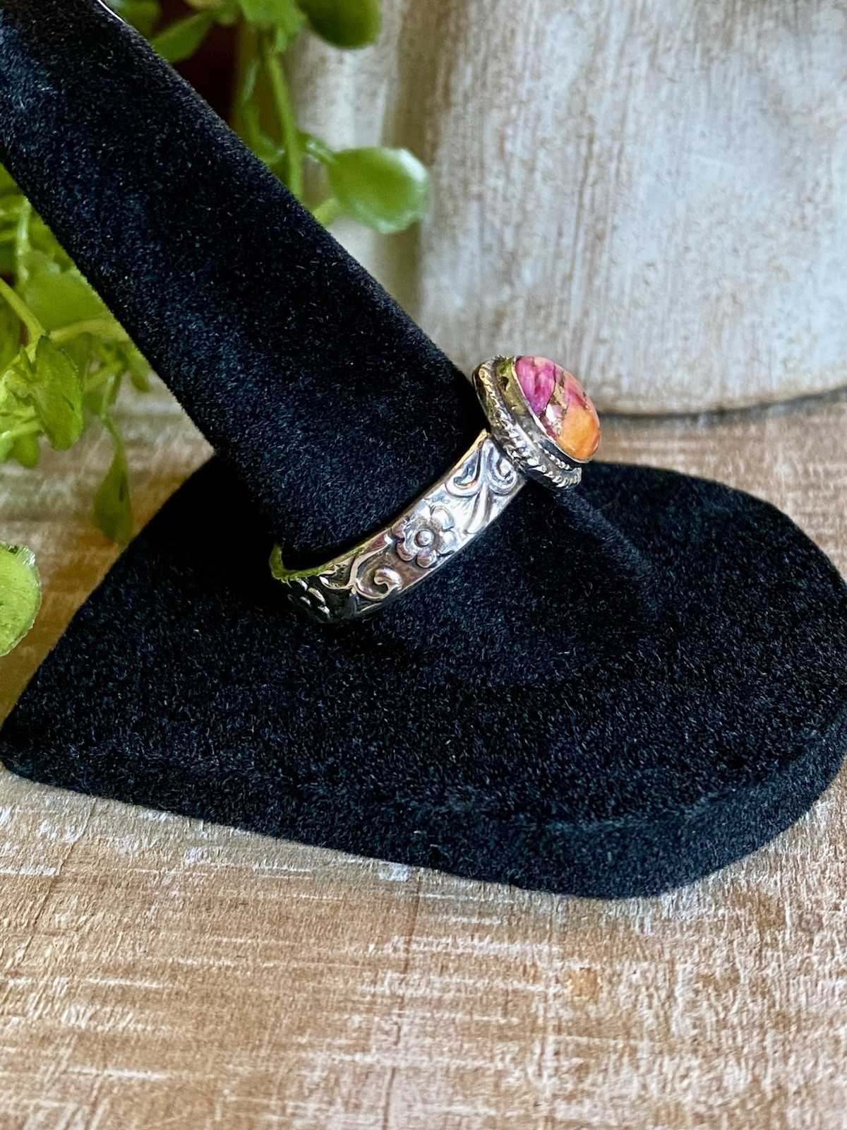 Pink Orange Spiny Oyster Shell Sterling Silver Ring Boho Southwestern Flower 8