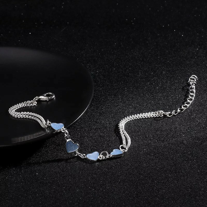 New Year Luminous Lady Beach Wind Blue Peach Heart Tassel Anklet Silver Chain