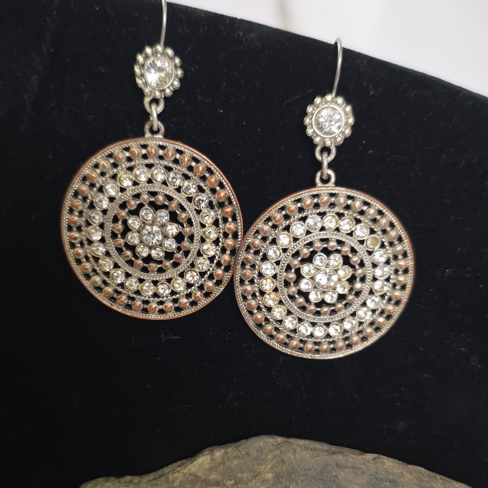 Round White Crystal Rhinestone Dangle Drop Earrings, Silver Tone Hook Closure