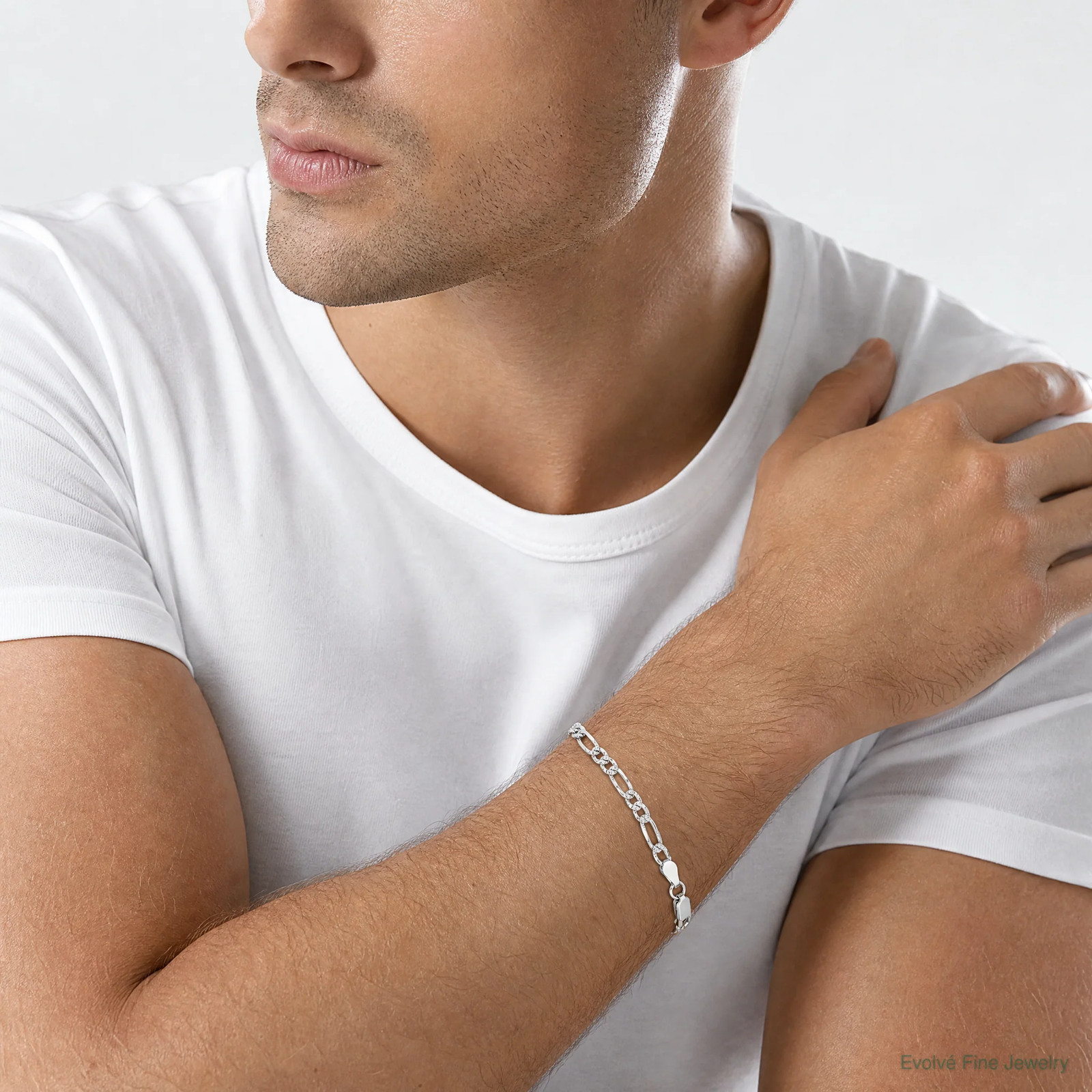 Sterling Silver 4.3mm Pavé Flat Figaro Chain Bracelet 7″-9″