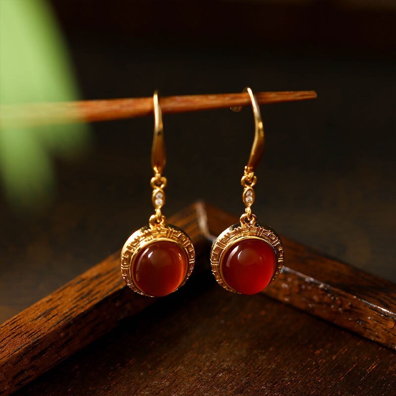 Red Jade Drop Dangle Earrings Gemstone Boho Minimalist Hook 18K Gold Plated