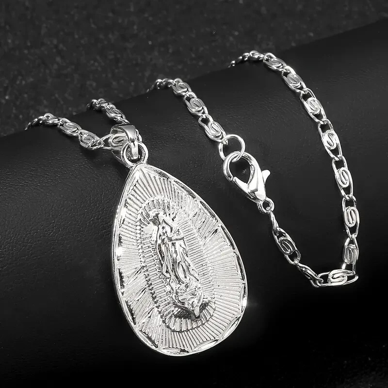925 Sterling Silver Catholic Saint Virgin Mary New White Topaz Pendant Necklace