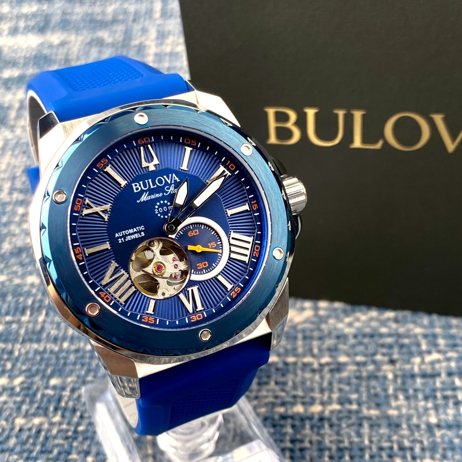 Bulova Marine Star Automatic Watch 98A303 Blue Dial Rubber Strap Men’s Watch