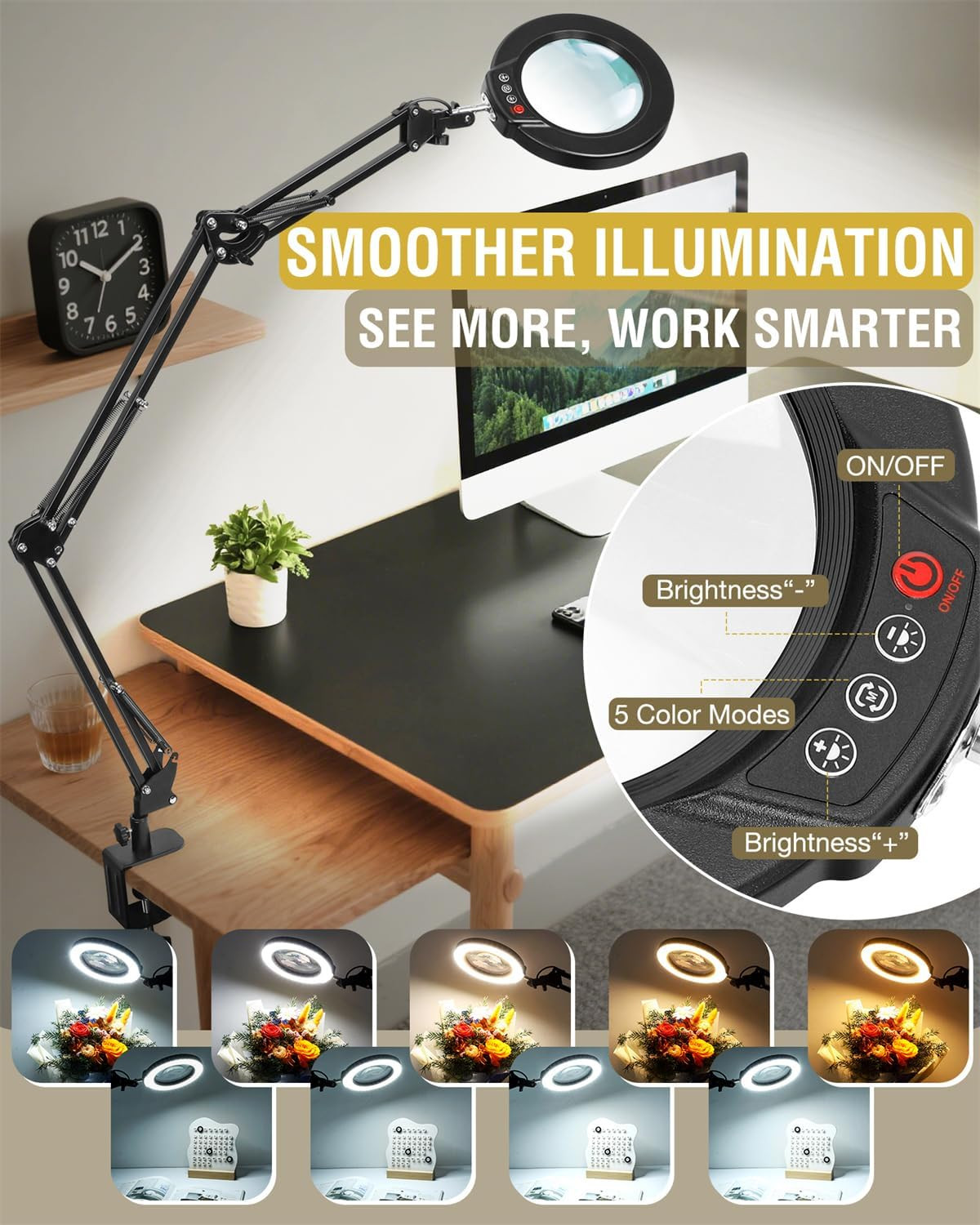 12X Magnifying Glass with Light and Clamp, Ultra Long 3 Section Swing Arm LED De