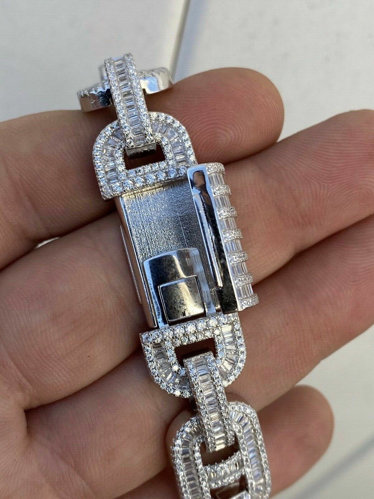 Solid 925 Sterling Silver Baguette Gucci Link Chain Iced 15mm Thick Bust Down CZ