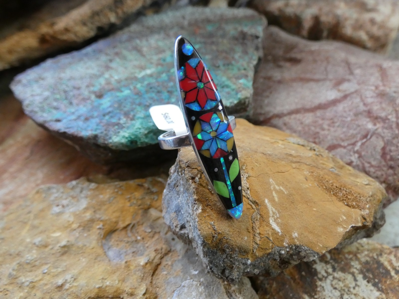 Flower Micro Inlay Gemstone Aluminum Sterling Silver Alloy Size 10 Ring NEW AR83
