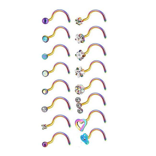 20G Nose Hoop Rings Surgical Steel Screw Studs Cartilage Piercing 16PCS Set