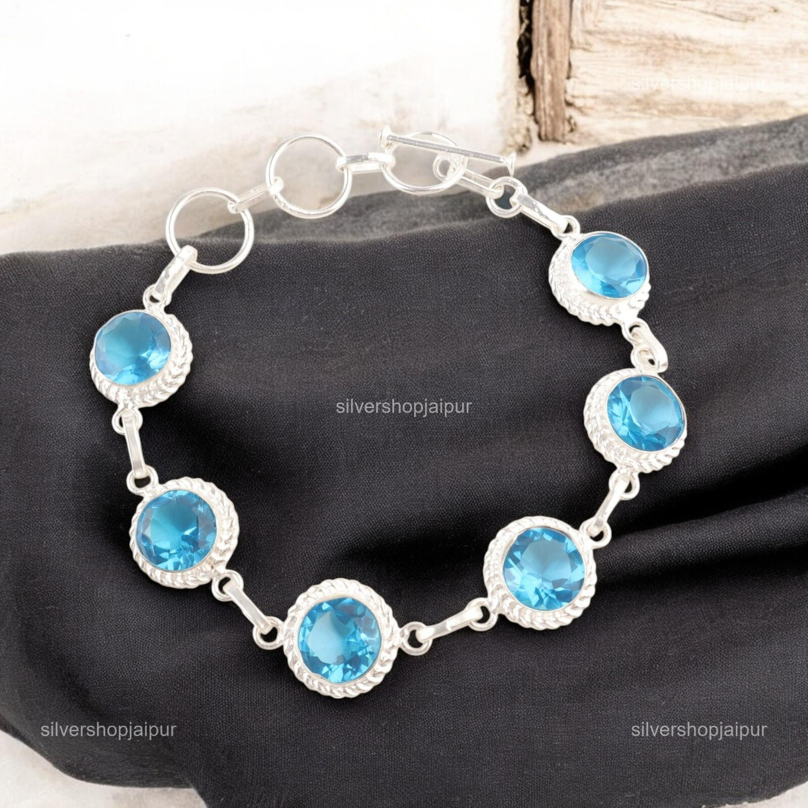 925 Silver Swiss Blue Topaz Gemstone Womens day Artisan Chain Bracelet Jewelry