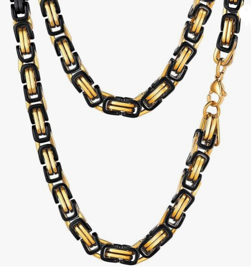 Black & Gold 7mm Byzantine Two-Tone Stainless Steel Unisex Necklace 27