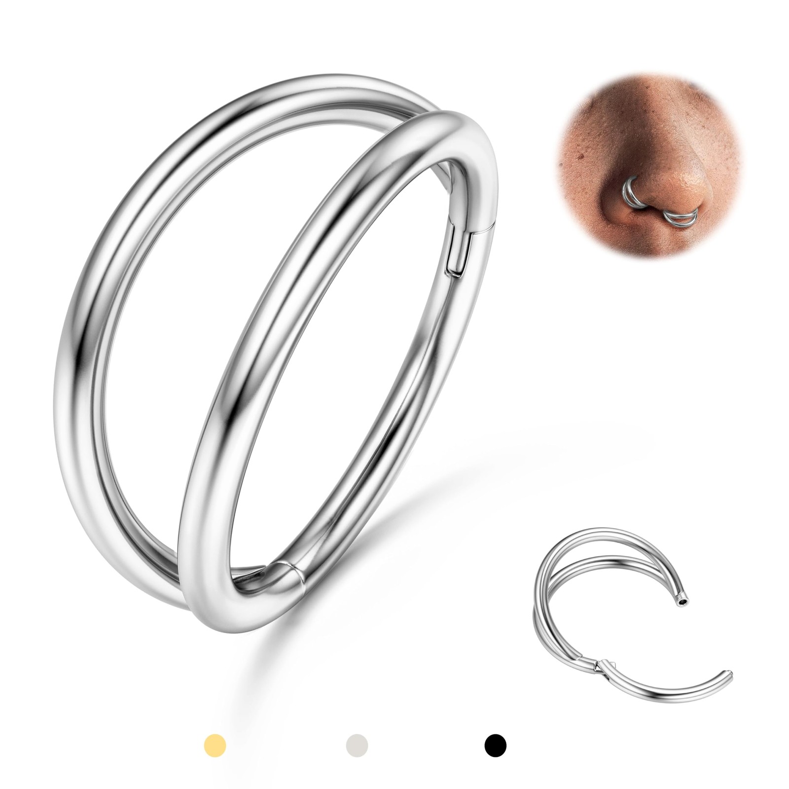 BodyBonita Double Hoop Nose Ring – Silver 20g(0.8mm)-8mm, Silver-Double