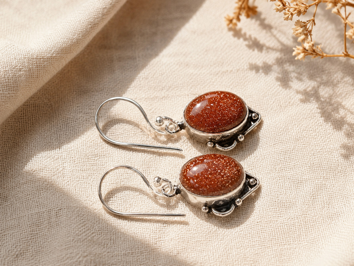 Handmade Goldstone Dangle Drop Earrings 925 Sterling Silver Boho Gift for Women