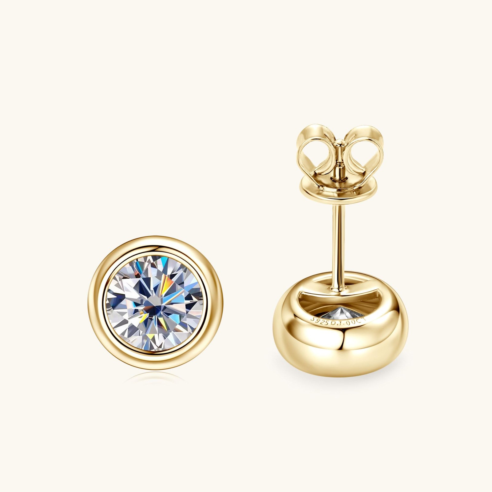 Moissanite Stud Earrings 925 Silver Bezel Set 14K Gold Plated