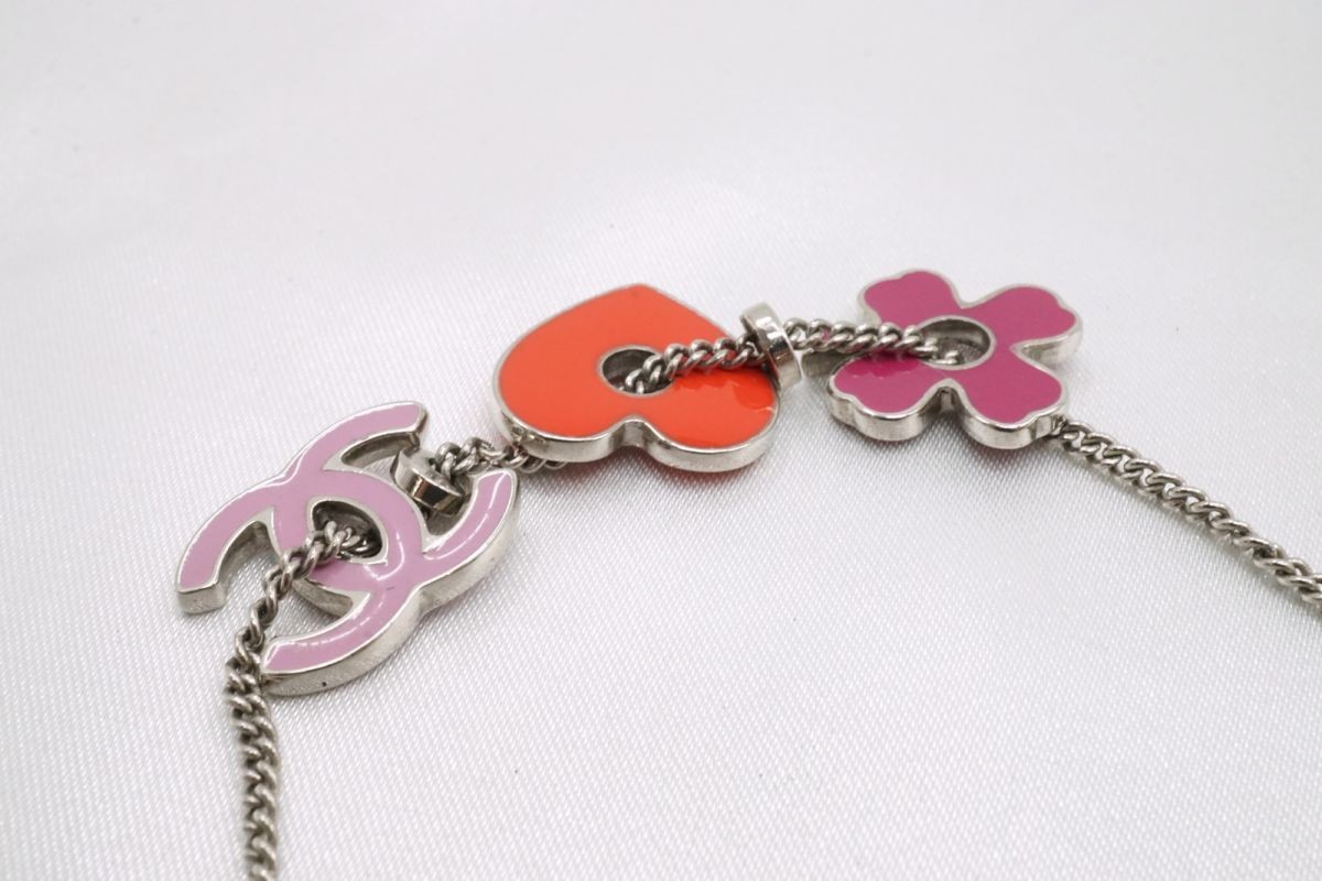 CHANEL 04P Necklace Coco Mark Heart Clover Accessory Silver Pink Red 7151j