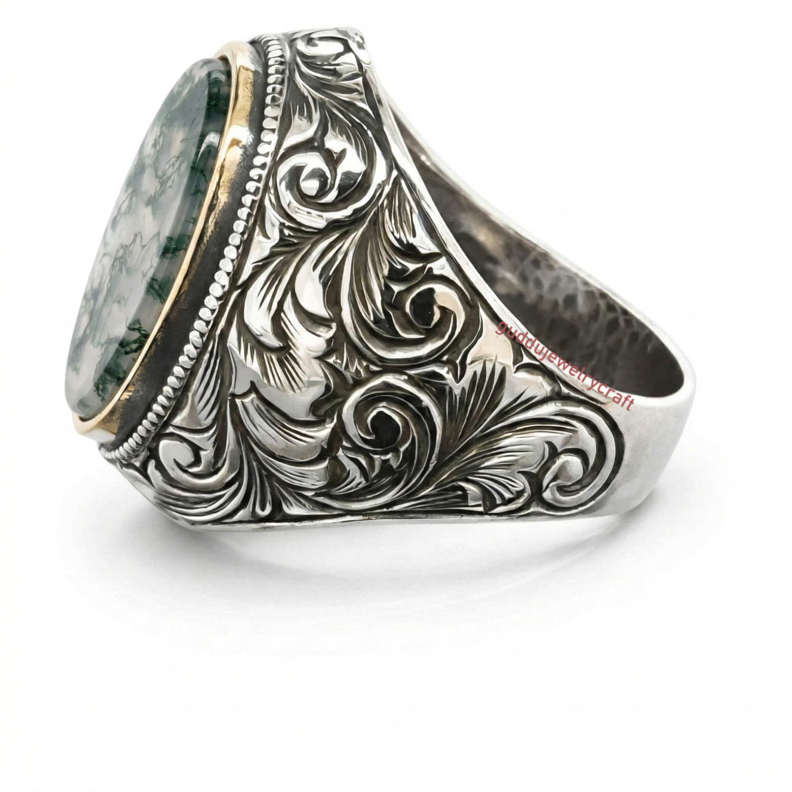 925 Sterling Silver Moss Agate Ring Hand Engraved Oval Gemstone Men’s Statement
