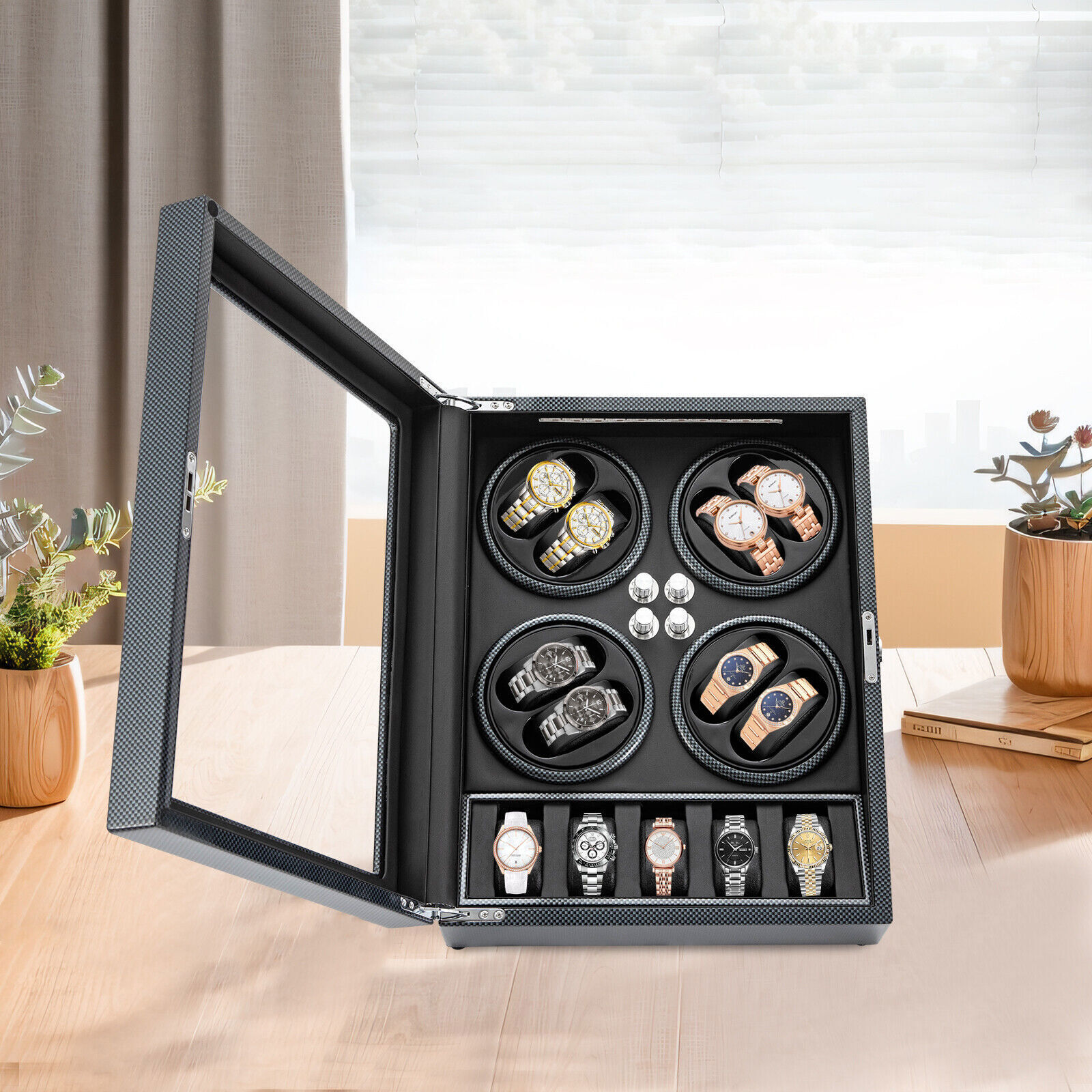 Watches Display Storage Case Automatic Rotation Watch Winder Box+LED Light NEW