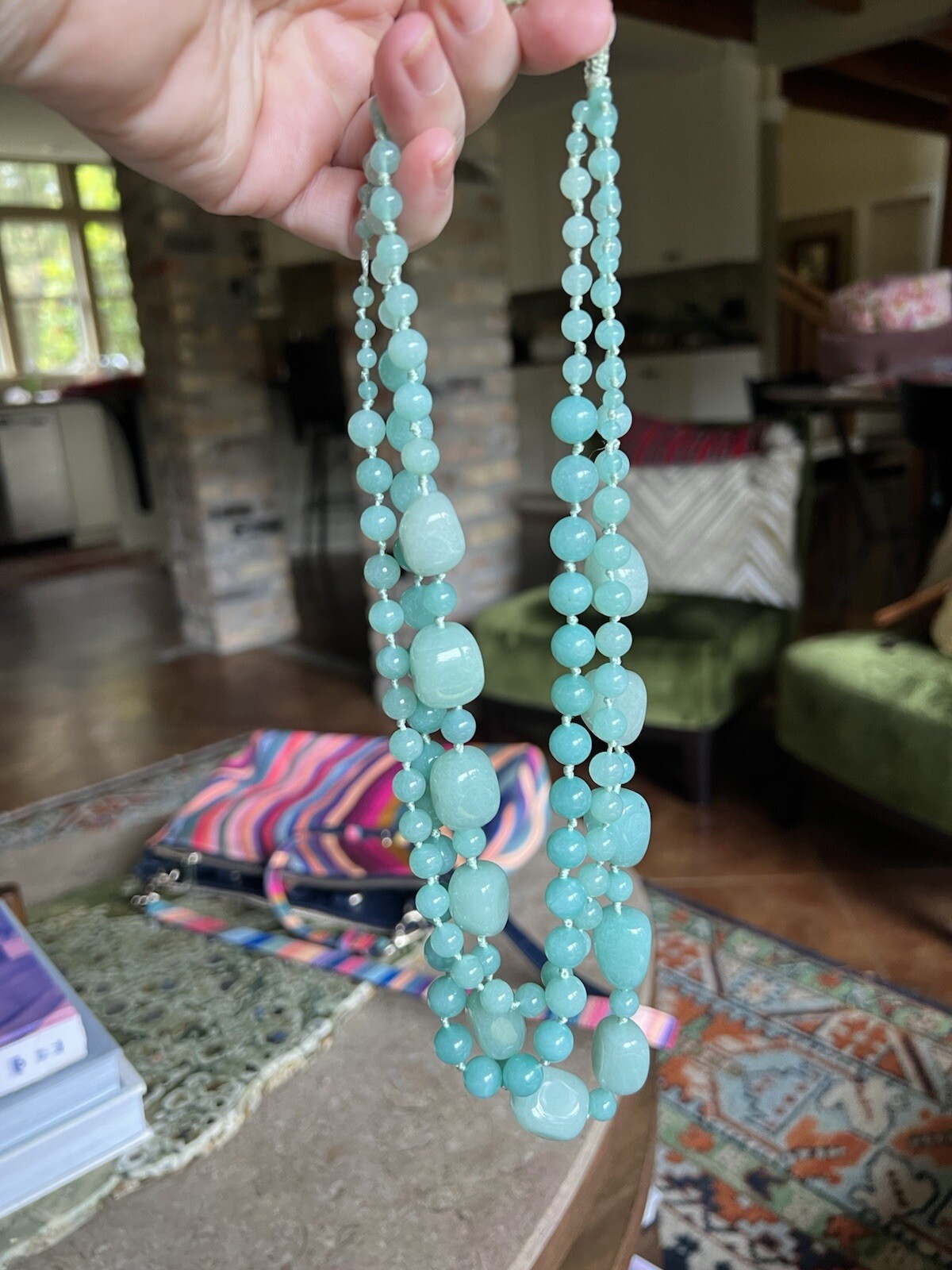 Polished Amazonite Beaded /Knotted On Silk Triple Strand Necklace