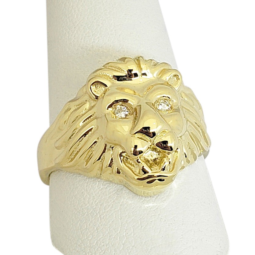 Solid 14K Yellow Gold Mens Lion Ring with Diamond Eyes Size 5 – 15