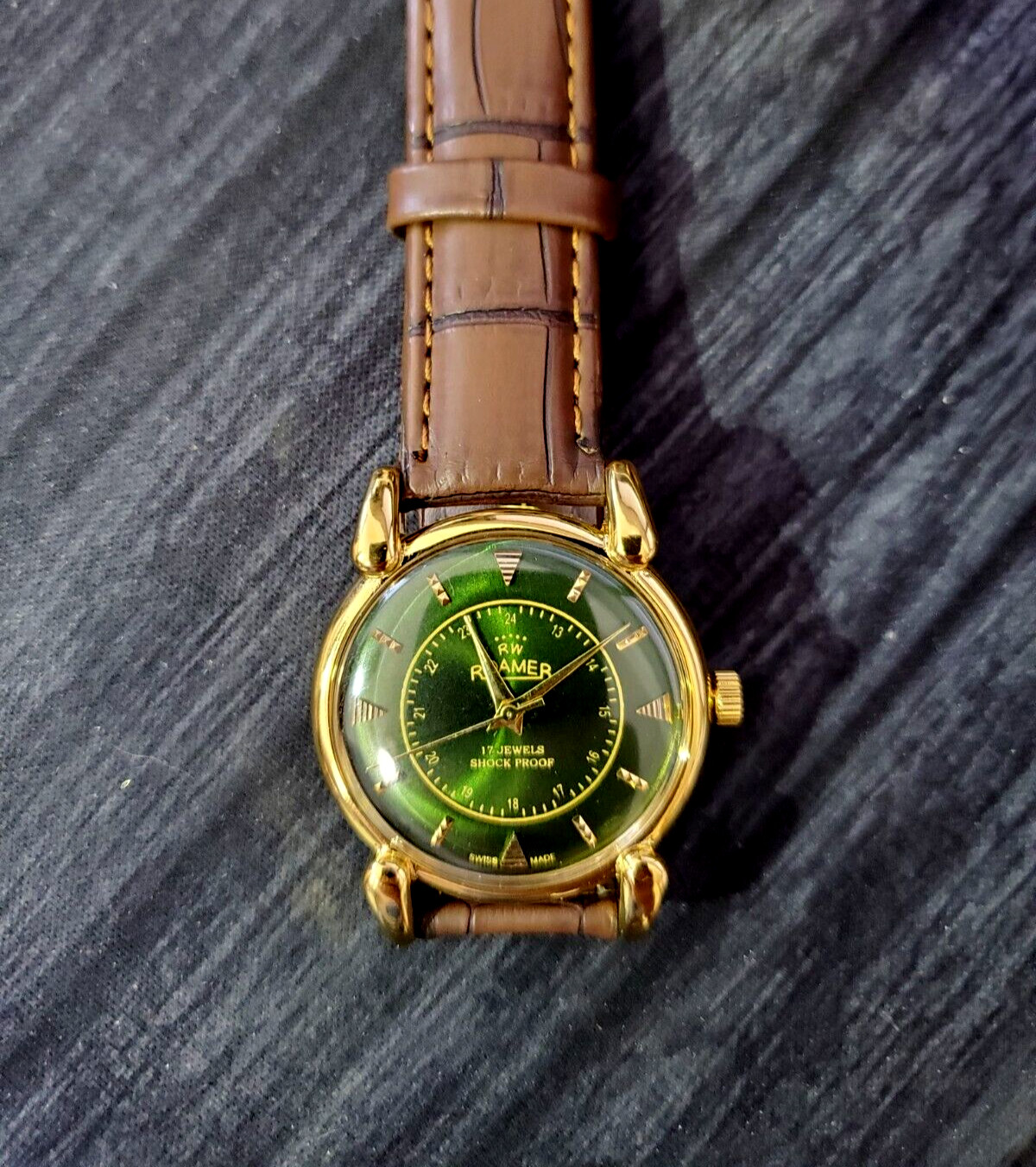 ✨Rare Swiss Roamer Brevete Mens Manual Watch Gld Grn Brw