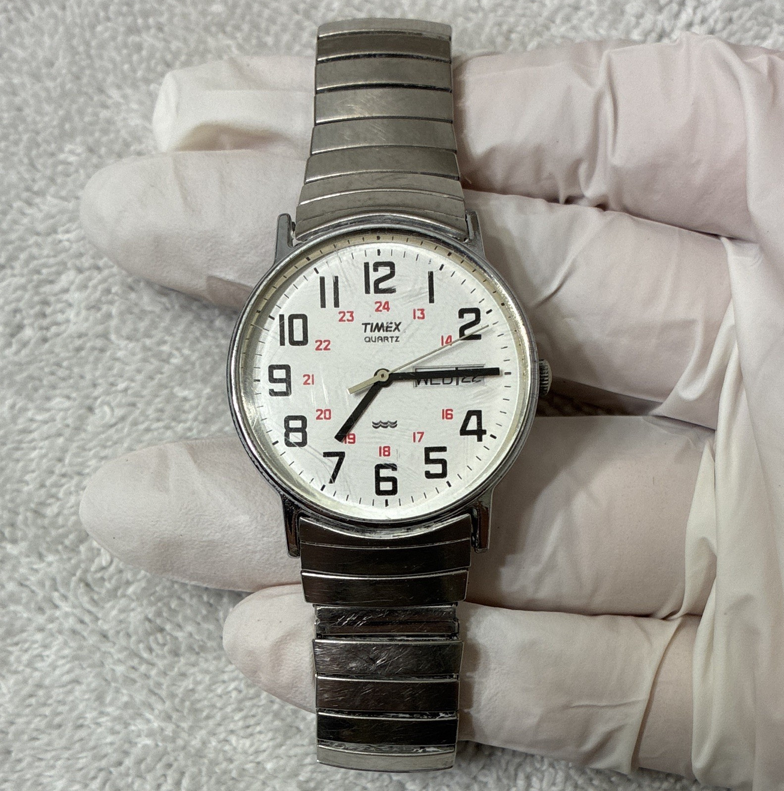 Timex Quartz Men’s Day/Date 12/24-Hour White Dial Silver-Tone Bracelet Watch