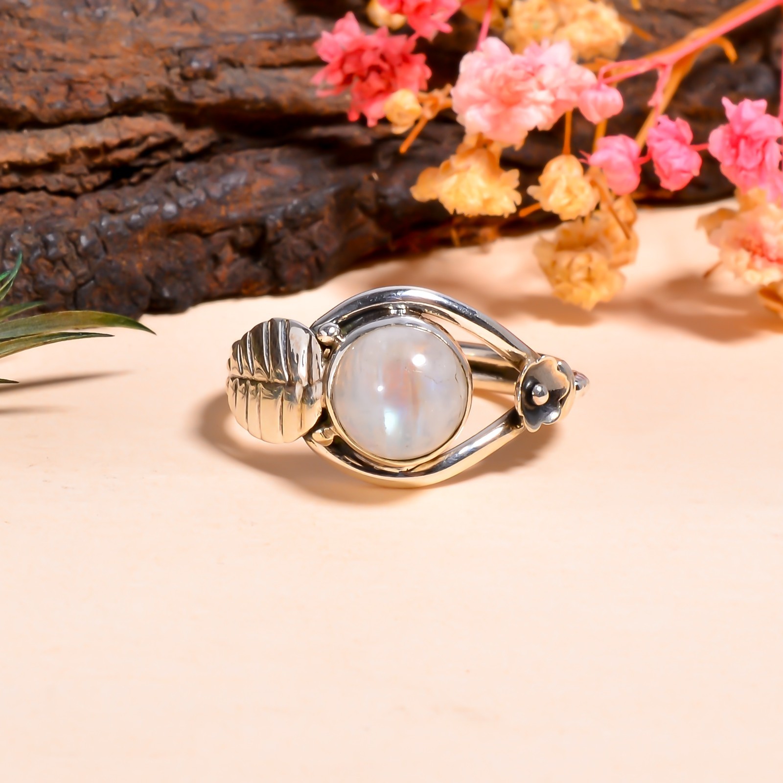 Rainbow Moonstone Gemstone 925 Silver Handmade Statement Ring Jewelry